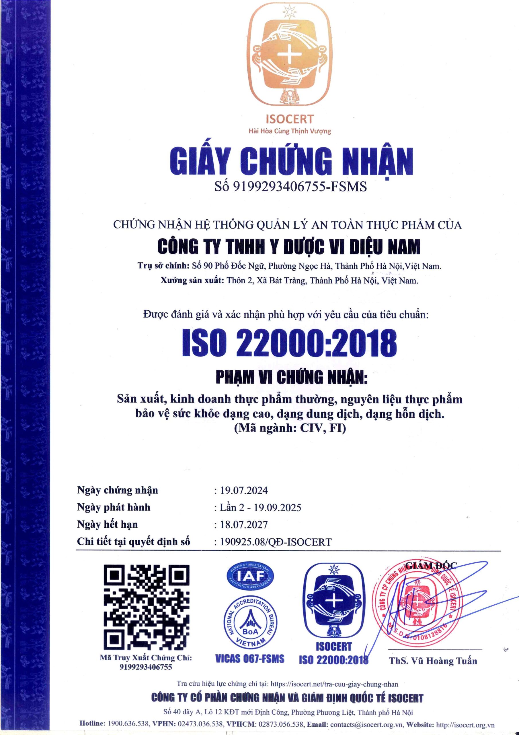 GIẤY CHỨNG NHẬN HỆ THỐNG QUẢN LÝ AN TOÀN THỰC PHẨM
